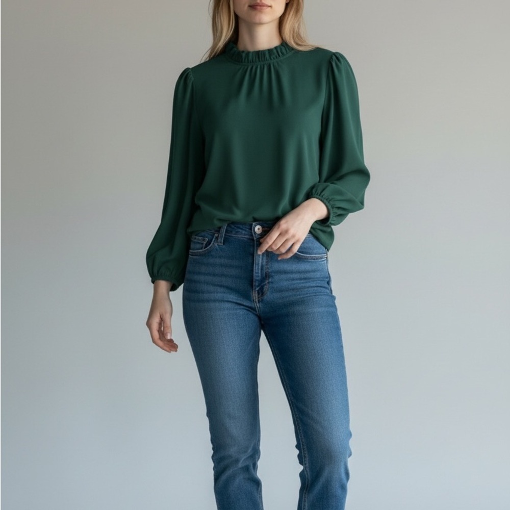 J. Crew Green Ruffle Neck Long Sleeve Blouse XL - Picture 11 of 11